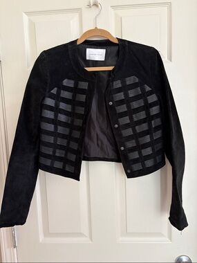 Selected/ Femme Black Suede Cropped Jacket with Textured Leather Paneling